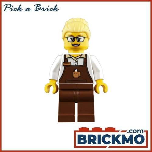 LEGO Bricks Minifigures Barista Female Reddish Brown Apron with Cup and Name Tag Reddish Brown Legs Bright Light Yellow Hair Glasses trn249