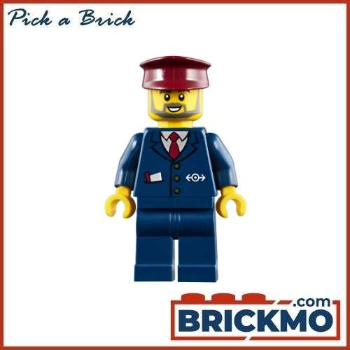 LEGO Bricks Minifigures Dark Blue Suit with Train Logo Dark Blue Legs Dark Red Hat Gray Beard trn248